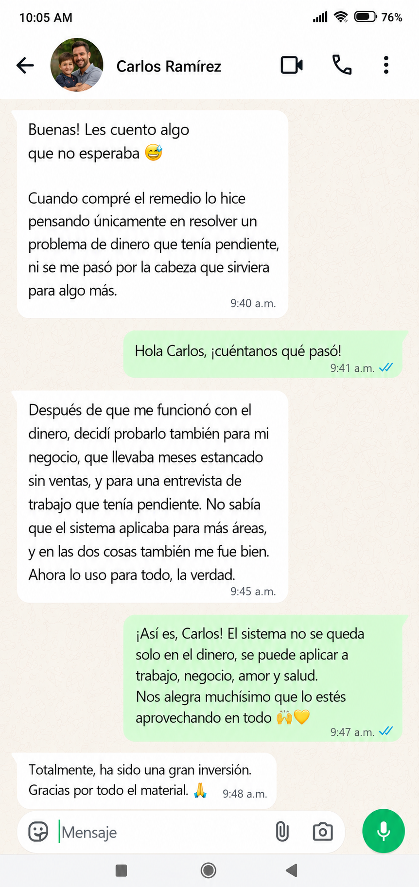Testimonio real de cliente 1 por WhatsApp