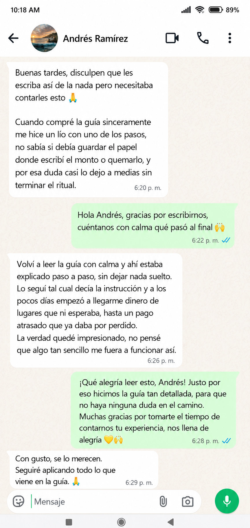 Testimonio real de cliente 2 por WhatsApp